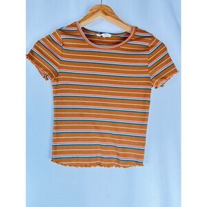 Pink Rose Brown Striped Ribbed Knit Lettuce‎ Trim Crop Top Shirt Womens Medium